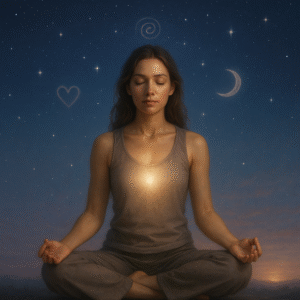 Woman under a starry sky in stillness, connected to soul and spiritual alignment