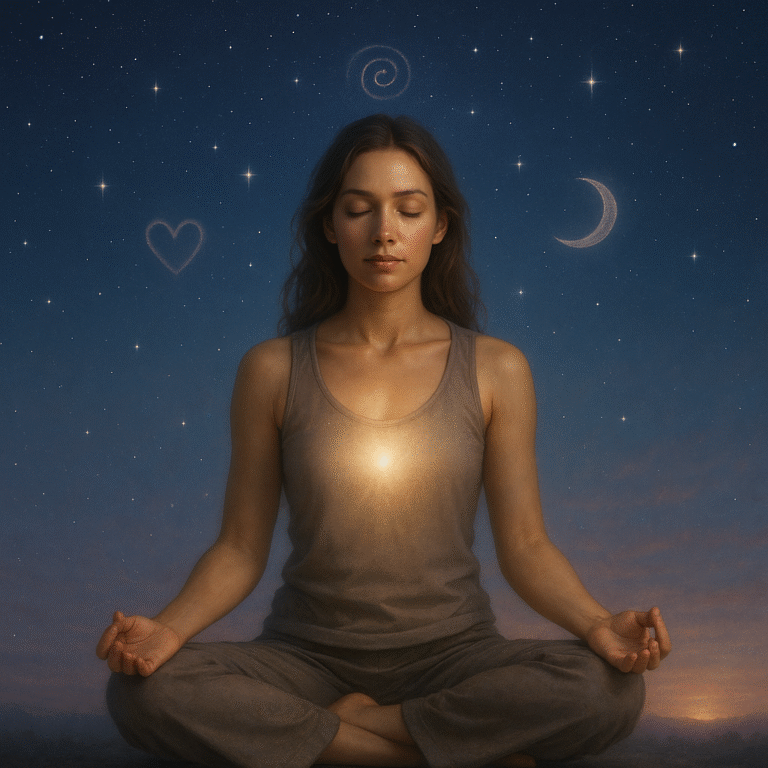 Woman under a starry sky in stillness, connected to soul and spiritual alignment