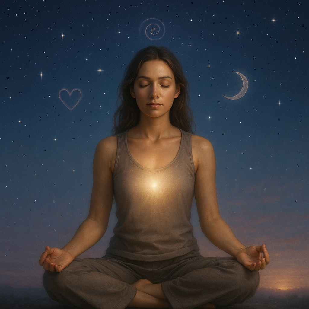 Woman under a starry sky in stillness, connected to soul and spiritual alignment