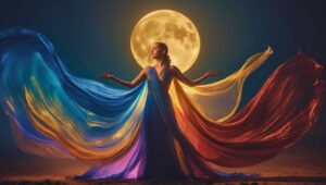 Woman in flowing indigo, gold, and rust fabric under moonlight, eyes closed, hands open—embodying soul expression, chakra alignment, and the healing energy of color.