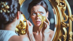 Woman standing before a mirror removing a golden mask with a concerned expression—symbolizing the emotional tension of shedding false identities and stepping into soul truth.