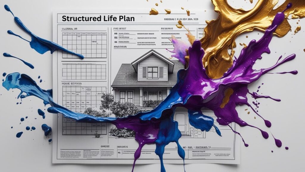 A structured life plan overrun by bold color splashes—symbolizing creativity overtaking conformity.