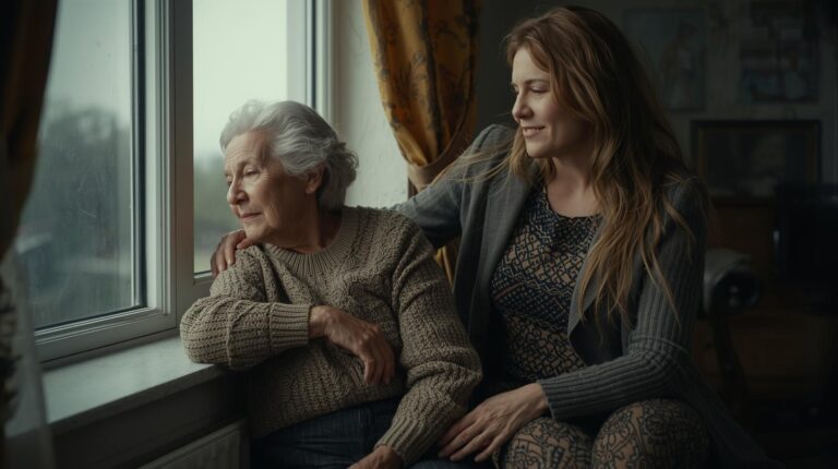 A mother and daughter sit in golden light, sharing quiet understanding after shadow and healing.