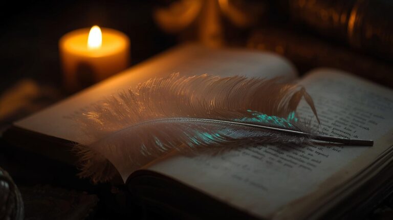 A single feather resting on an old journal under warm light, representing memory and revelation.