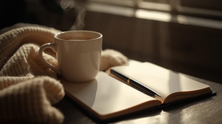 Open journal and tea in morning light, symbolizing healing through story and reflection.