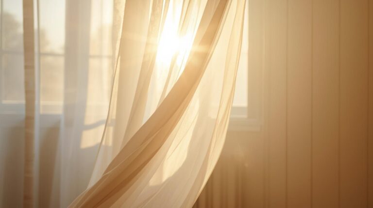 A cracked-open window with a sheer curtain moving in a soft breeze.