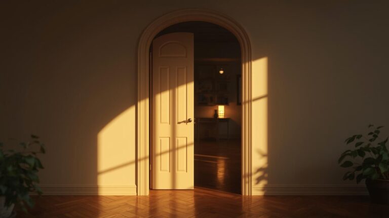 A front door slightly open with warm light spilling into a dim entryway.