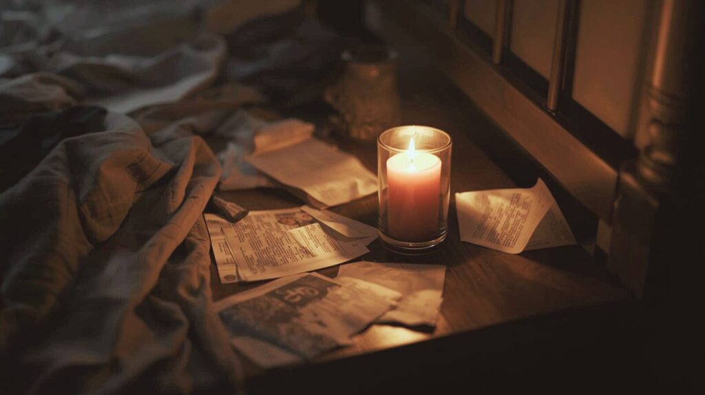 A nightstand with scattered papers and a small lit candle in warm light.