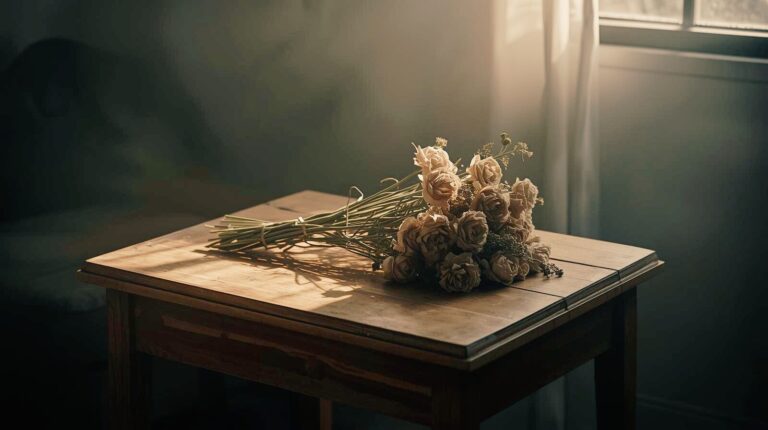 A wilted flower lying on a wooden table in soft natural light.