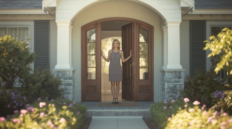 “A woman standing in the arched doorway of her home, facing toward the yard in bright morning light with blooming flowers around her.”