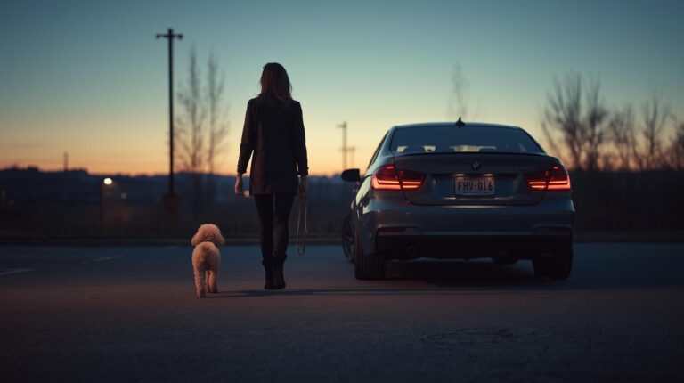 A woman walking toward a parked car at dusk with her small apricot poodle.