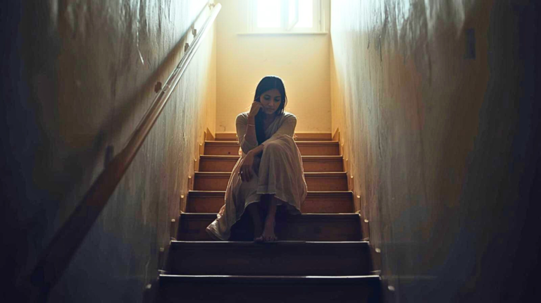 A quiet moment of a woman sitting in half-shadow on a staircase, capturing the feeling of choosing herself