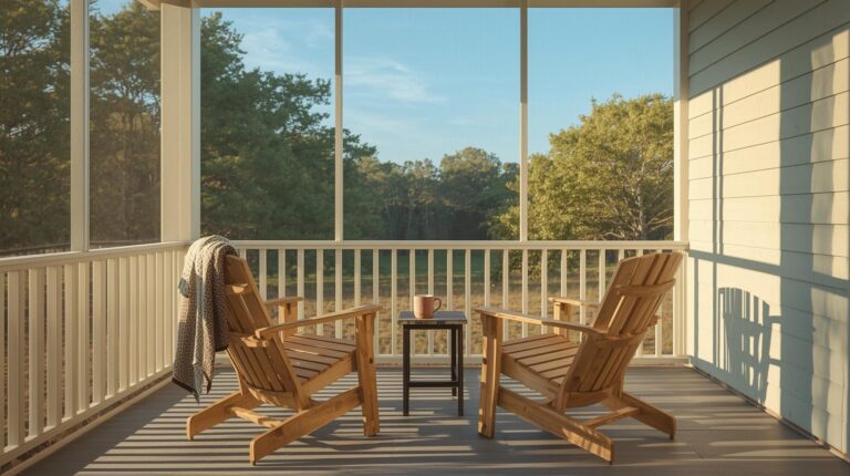 Two porch chairs in golden morning light with coffee, inviting connection and shared stories.