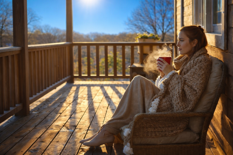 A quiet porch under a vivid blue sky, representing stillness in the gap and inner guidance.