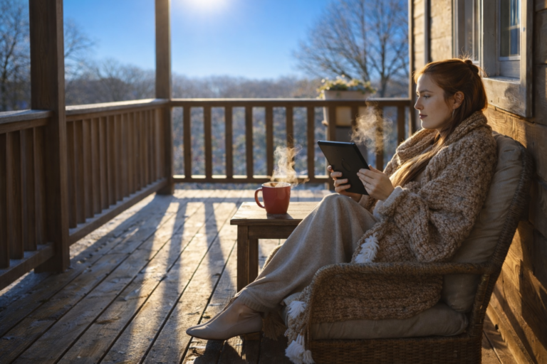 Woman sitting on a wooden porch on a cold, sunny morning, holding a tablet while a steaming cup of coffee rests on a small table beside her, with bare trees and a clear blue sky in the background.