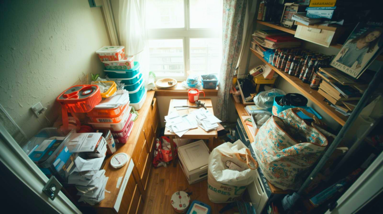 Organizing supplies and food containers mid cleanup, showing the urge to control chaos during stress.