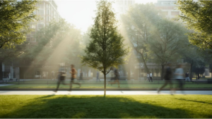 “Sharp tree in a city park with blurred runners and walkers moving past.