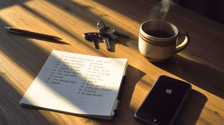 A handwritten to do list beside coffee and keys, capturing nervous system overload during a life transition.