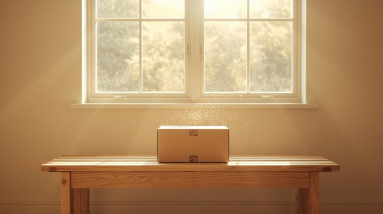 Open front door in daylight with a simple package near the threshold.
