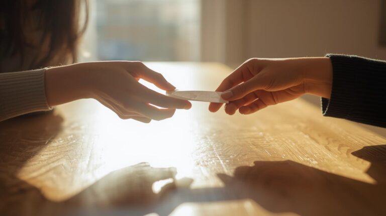 One person writing an appointment on a sticky note while another hand rests nearby.