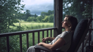 Woman sitting on a back porch as storm clouds gather, symbolizing letting go of fear-based identity and reconnecting with the true self"