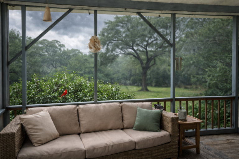 View from a screened-in back porch during a storm, with lush greenery outside and a subtle red cardinal in the bush, symbolizing letting go of fear-based identity and self-discovery"