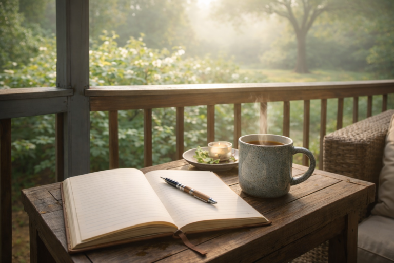 Open journal and coffee on a screened-in back porch, with a stormy sky in the background, symbolizing reflection, self-trust, and personal transformation after letting go of fear-based identity"