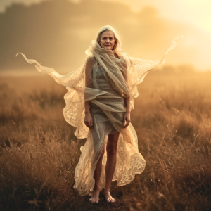 A 60-year-old woman stands barefoot in an open landscape while delicate translucent layers peel away from her body like molting skin. Soft wind moves the flowing material around her as warm light creates an atmosphere of emotional release, healing, vulnerability, and quiet transformation.