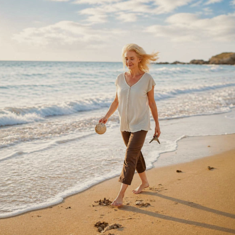 A middle-aged woman walks barefoot along a quiet shoreline holding a shell and shark tooth while soft ocean waves and sunlight reflect themes of healing, self-trust, and emotional peace.